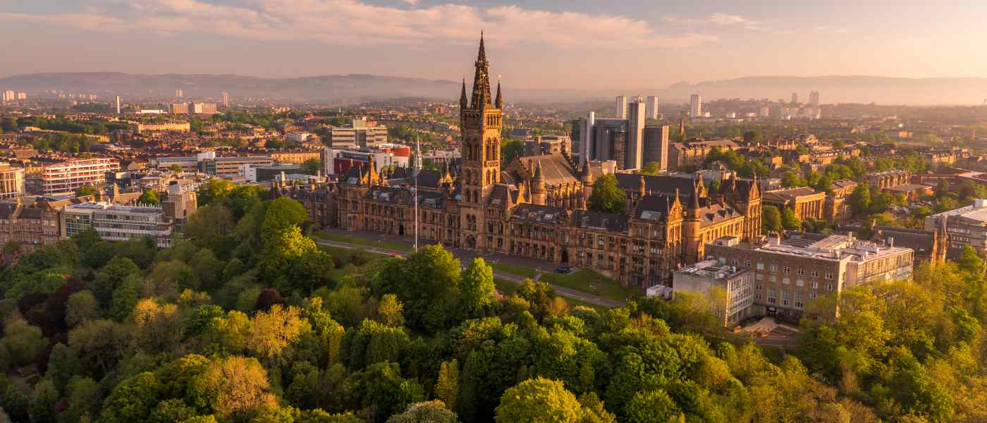 Aerial view of Gilbert Scott building during sunset