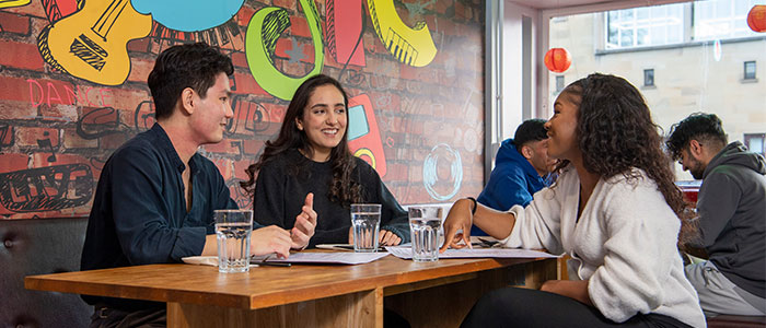 Students sitting having food in QMU