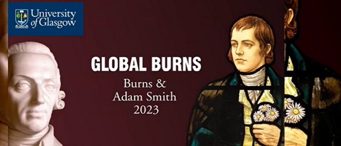 A screenshot of a presentation slide with the words 'Global Burns. Burns and Adam Smith. 2023' and photos of a white statue of Adam Smith and a stained glass portrait of Robert Burns holding some flowers